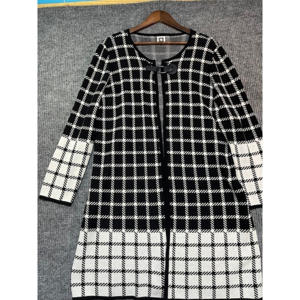 Anne Klein Womens Black White Plaid Longline Cardigan Buckle Duster Sweater